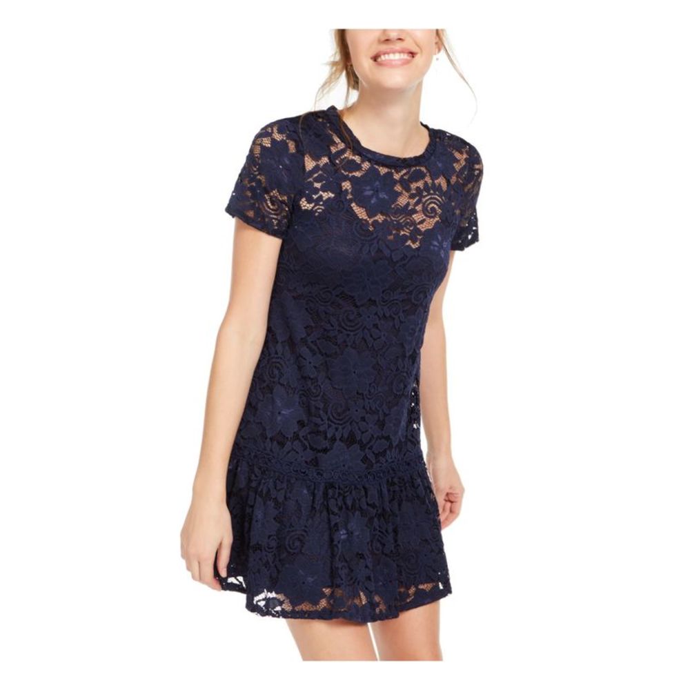 SPEECHLESS Womens Navy Lace Illusion Neckline Short Evening Dress Juniors XS